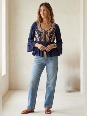MISA Los Angeles Blue Tassel Tie Embroidered Bell Sleeve Boho Top